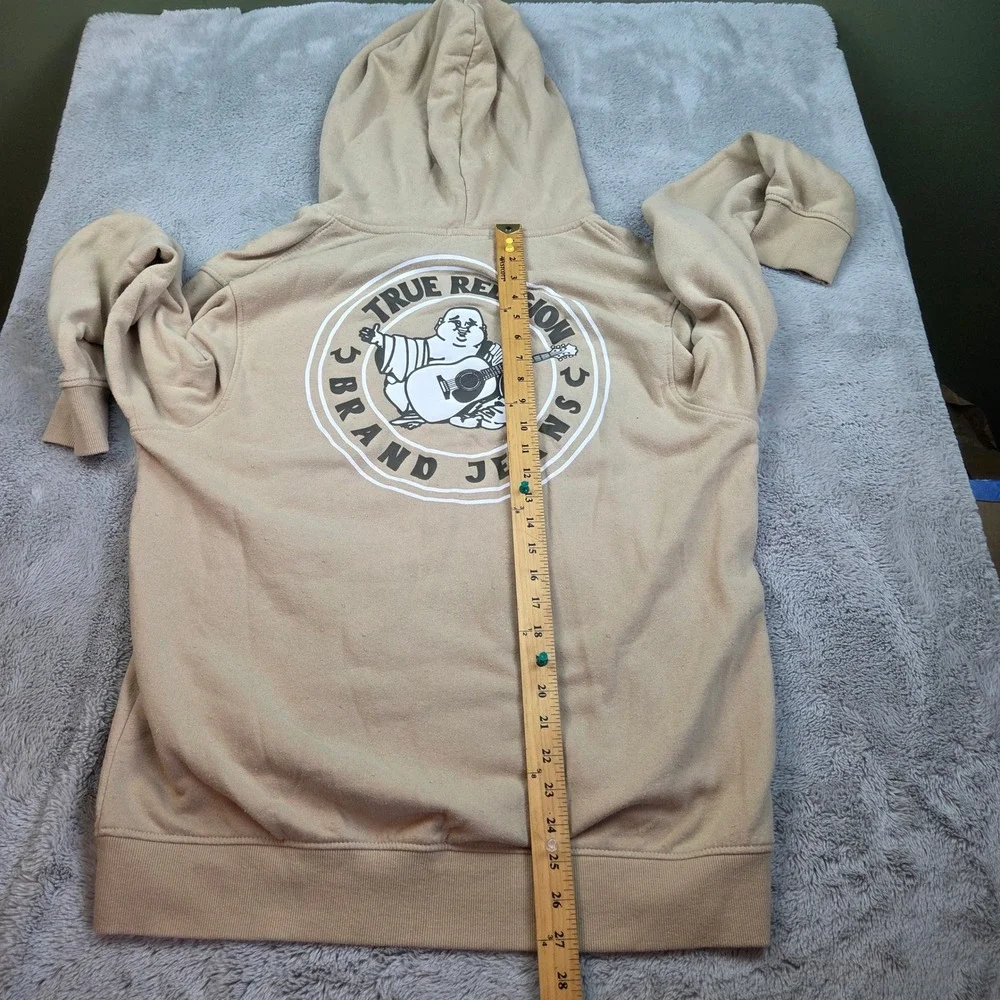 True Religion Zip Up Hoodie Mens XL Buddha Horseshoe Logo Fleece Graphic Khaki